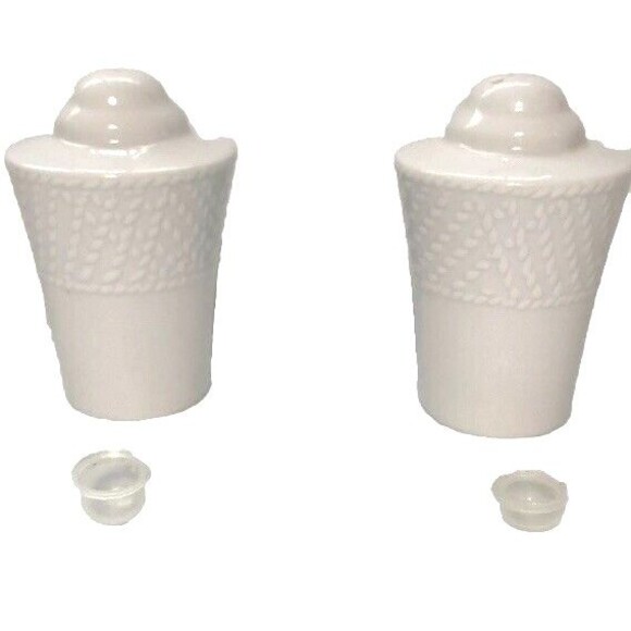 WATERFORD White Elegant Ceramic Salt and Pepper Shakers Basket Weave Design - Picture 2 of 10